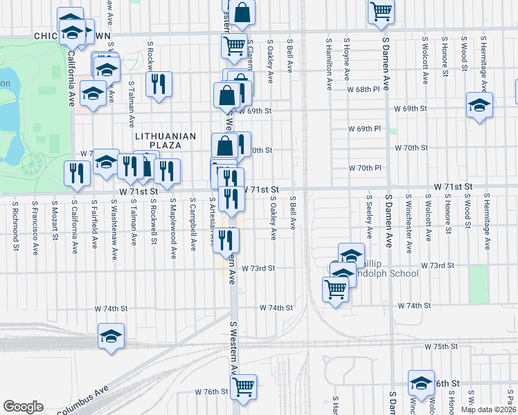 map of restaurants, bars, coffee shops, grocery stores, and more near 2305 West 71st Street in Chicago