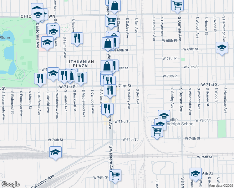 map of restaurants, bars, coffee shops, grocery stores, and more near 2345 West 71st Street in Chicago