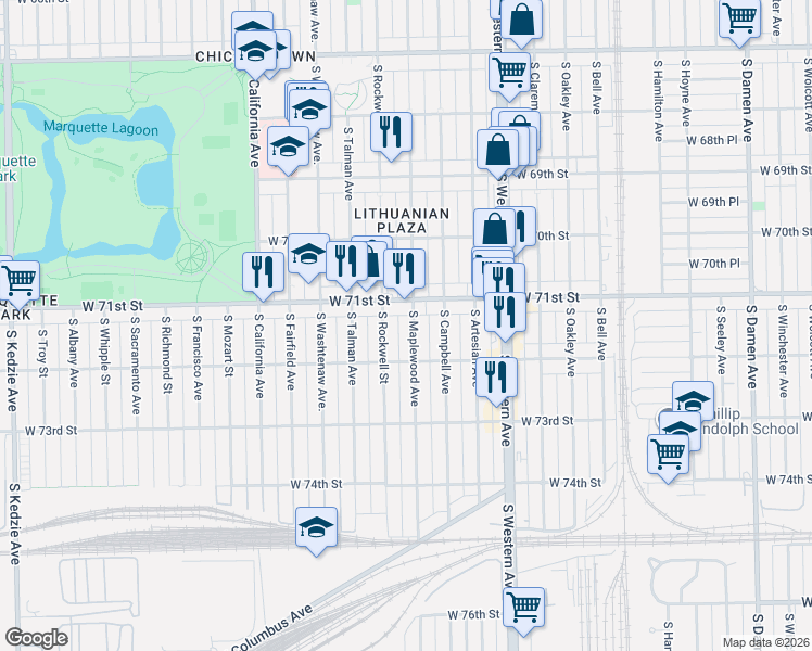map of restaurants, bars, coffee shops, grocery stores, and more near 2533 West 71st Street in Chicago