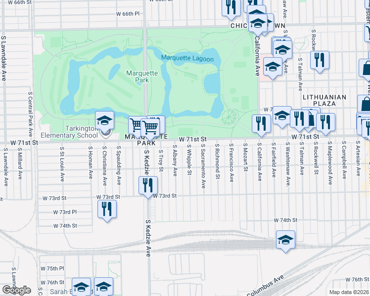 map of restaurants, bars, coffee shops, grocery stores, and more near 3023 West 71st Street in Chicago