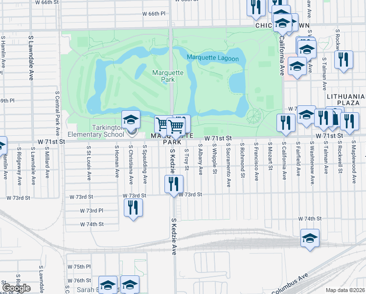 map of restaurants, bars, coffee shops, grocery stores, and more near 3141 West 71st Street in Chicago