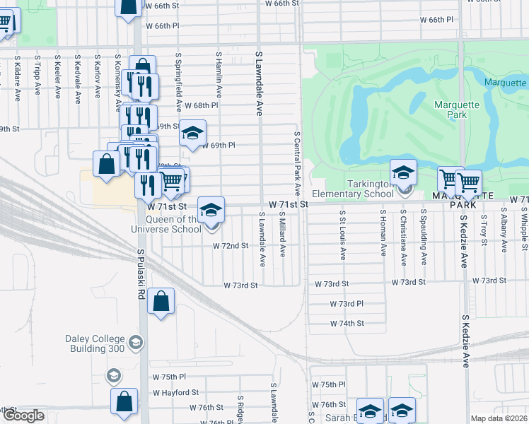 map of restaurants, bars, coffee shops, grocery stores, and more near 3706 West 71st Street in Chicago