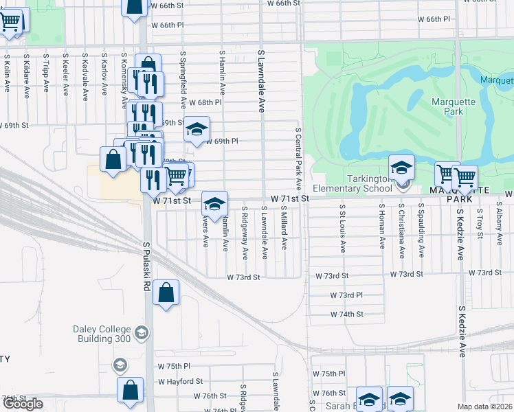 map of restaurants, bars, coffee shops, grocery stores, and more near 3706 West 71st Street in Chicago