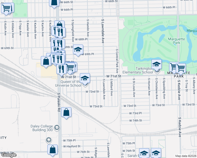 map of restaurants, bars, coffee shops, grocery stores, and more near 3706 West 71st Street in Chicago