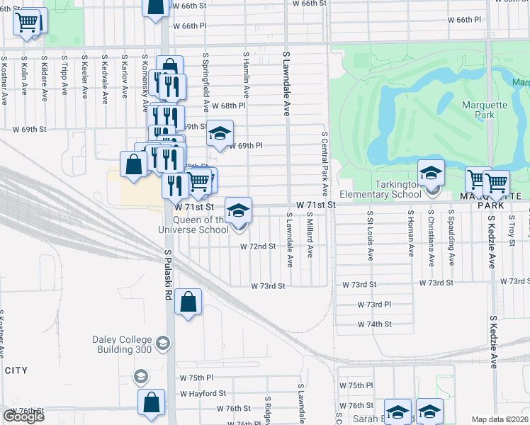 map of restaurants, bars, coffee shops, grocery stores, and more near 3748 West 71st Street in Chicago