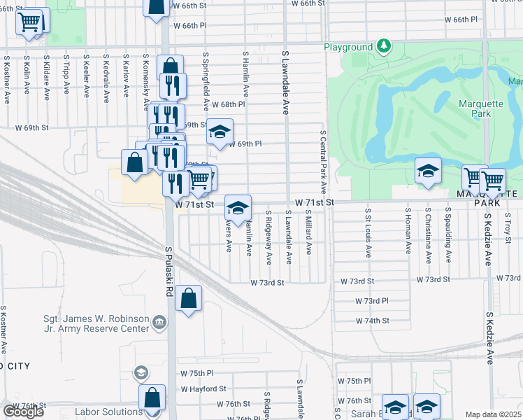 map of restaurants, bars, coffee shops, grocery stores, and more near 3748 West 71st Street in Chicago