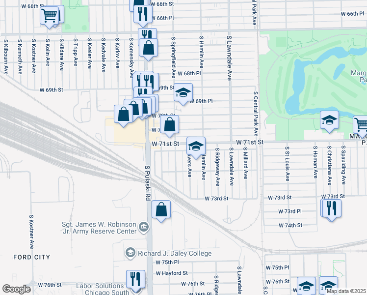 map of restaurants, bars, coffee shops, grocery stores, and more near 3822 West 71st Street in Chicago