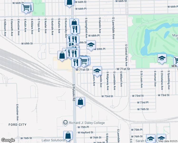 map of restaurants, bars, coffee shops, grocery stores, and more near 3901 West 70th Place in Chicago