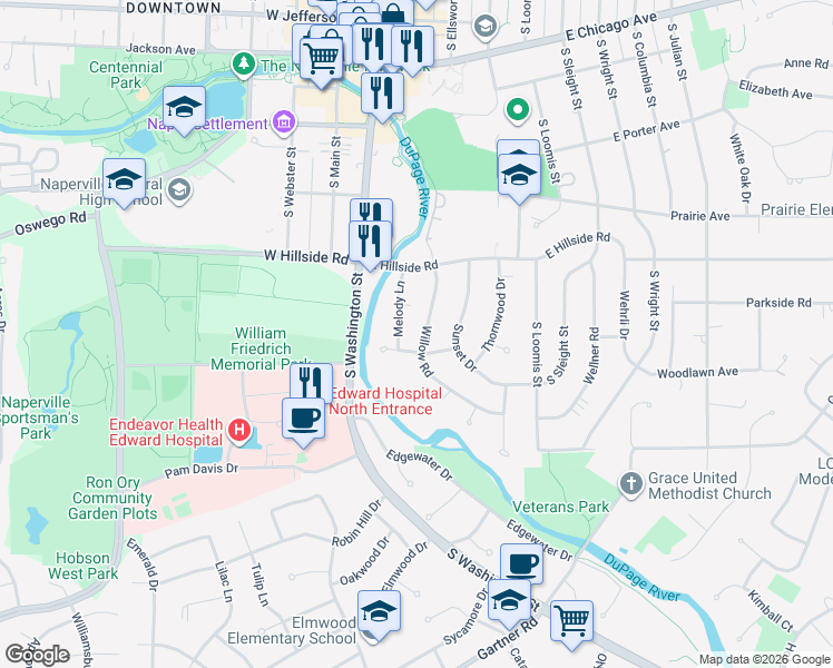 map of restaurants, bars, coffee shops, grocery stores, and more near 644 Willow Road in Naperville