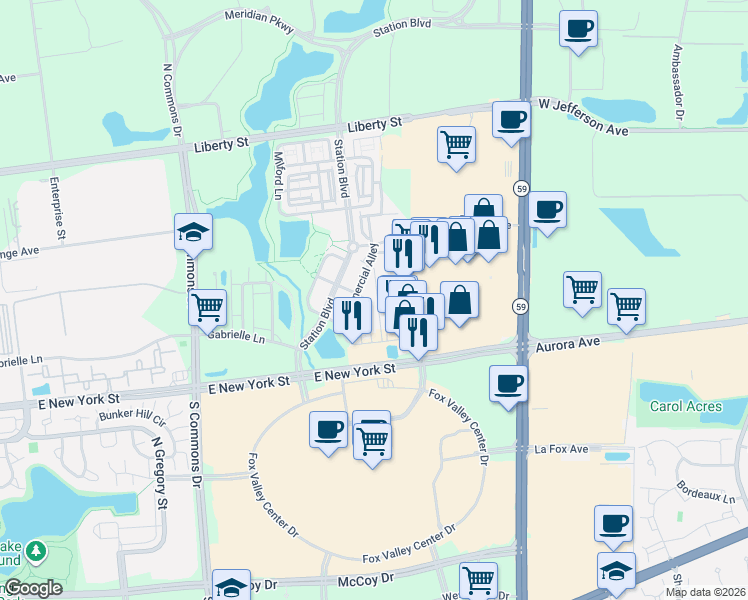 map of restaurants, bars, coffee shops, grocery stores, and more near 589 Plaza Place in Aurora