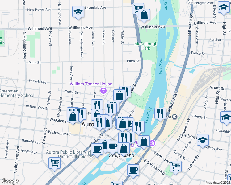 map of restaurants, bars, coffee shops, grocery stores, and more near 247 West Park Avenue in Aurora