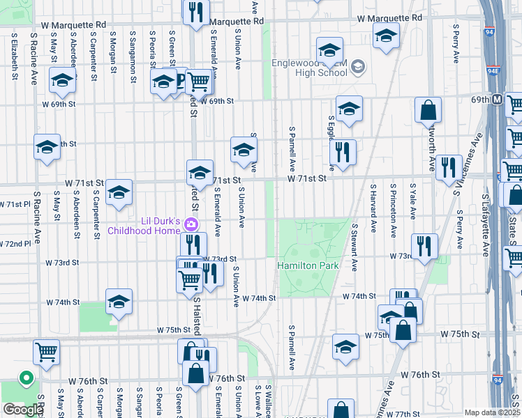 map of restaurants, bars, coffee shops, grocery stores, and more near 7146 South Lowe Avenue in Chicago