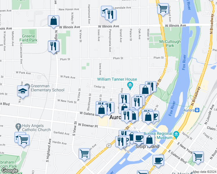 map of restaurants, bars, coffee shops, grocery stores, and more near 363 Cedar Street in Aurora