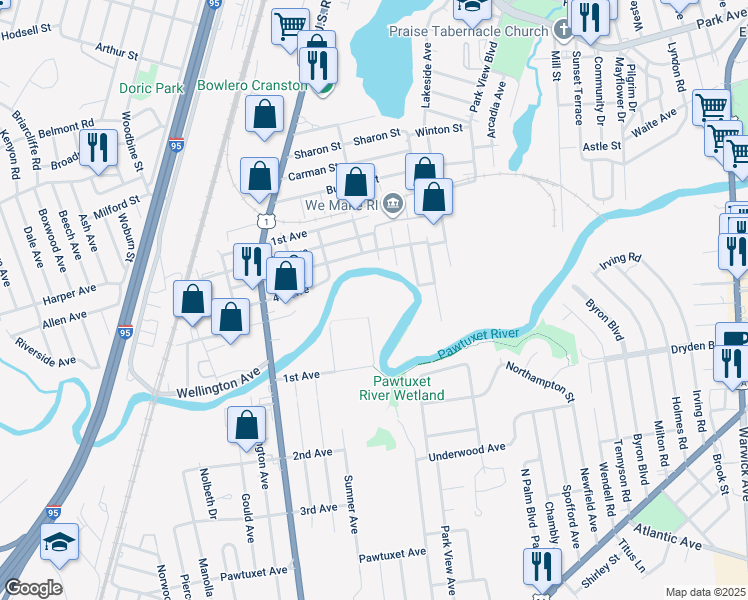 map of restaurants, bars, coffee shops, grocery stores, and more near 55 1st Avenue in Warwick