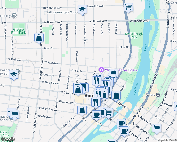 map of restaurants, bars, coffee shops, grocery stores, and more near 349 Cedar Street in Aurora