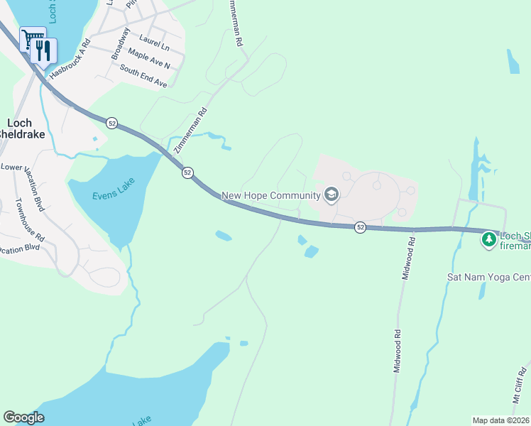 map of restaurants, bars, coffee shops, grocery stores, and more near 61 New York 52 in Loch Sheldrake