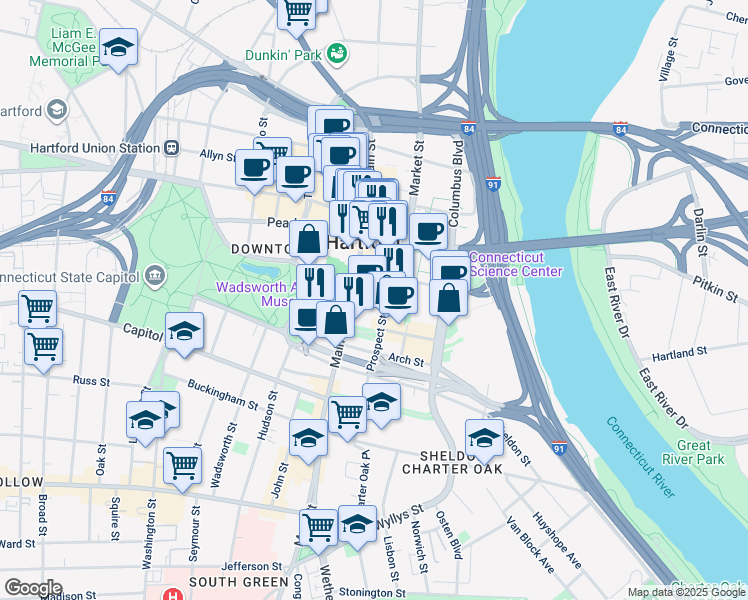 map of restaurants, bars, coffee shops, grocery stores, and more near 25 Atheneum Square in Hartford