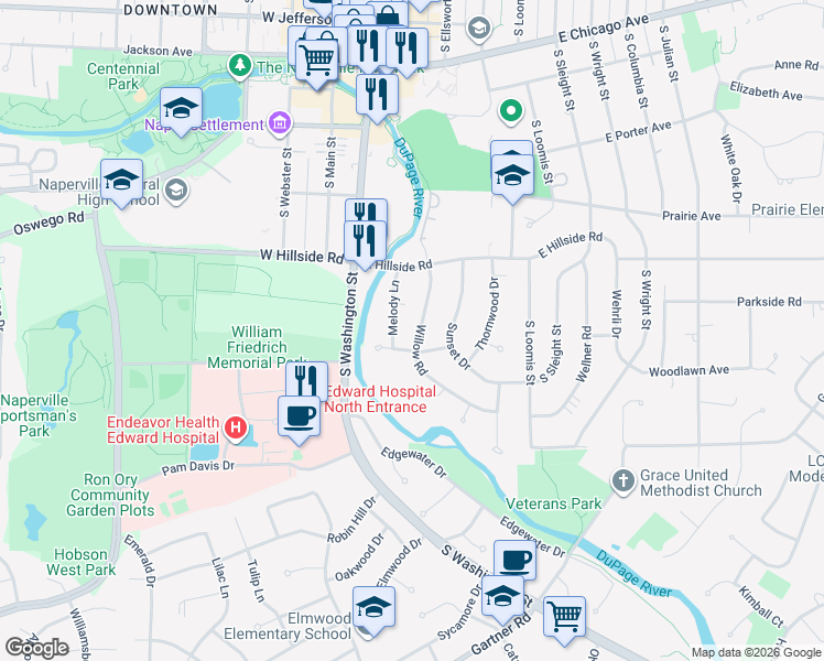 map of restaurants, bars, coffee shops, grocery stores, and more near 644 Willow Road in Naperville