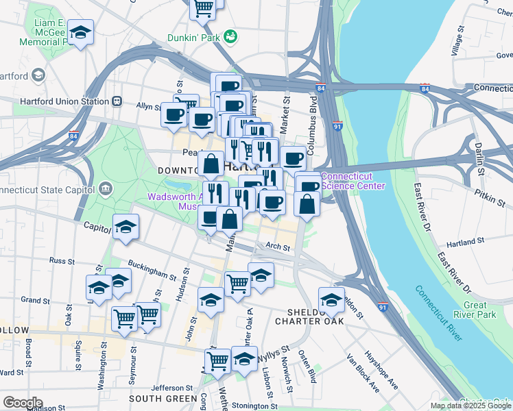 map of restaurants, bars, coffee shops, grocery stores, and more near 25 Atheneum Square in Hartford