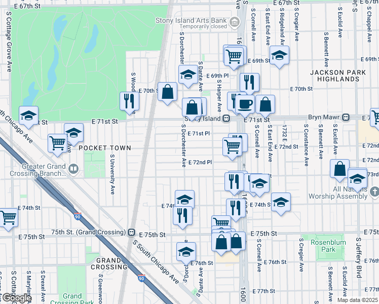 map of restaurants, bars, coffee shops, grocery stores, and more near 7156 South Dorchester Avenue in Chicago