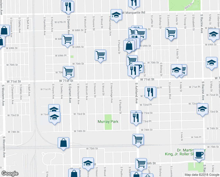 map of restaurants, bars, coffee shops, grocery stores, and more near 7130 South Hermitage Avenue in Chicago