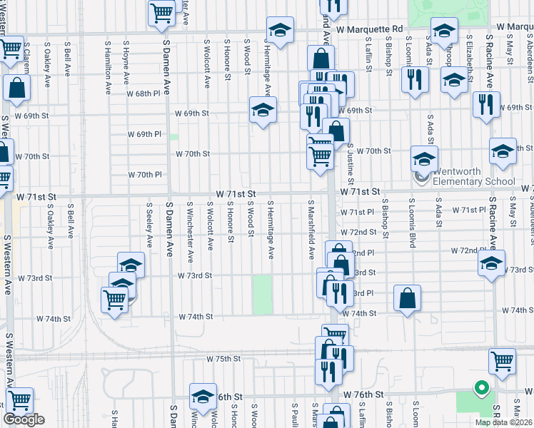 map of restaurants, bars, coffee shops, grocery stores, and more near 7130 South Hermitage Avenue in Chicago