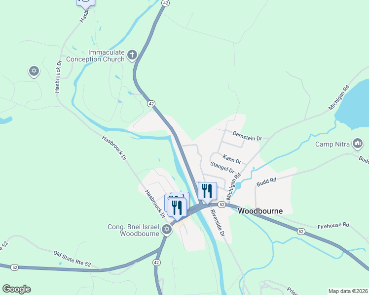 map of restaurants, bars, coffee shops, grocery stores, and more near 6228 New York 42 in Woodbourne