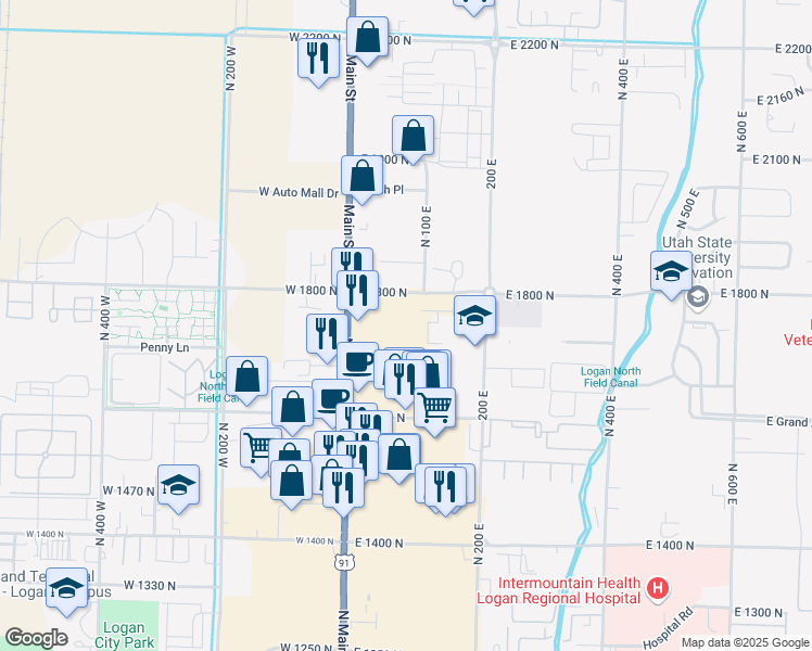 map of restaurants, bars, coffee shops, grocery stores, and more near 1750 North Main Street in Logan