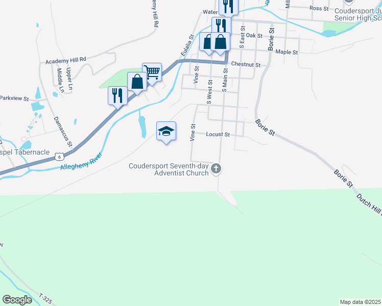 map of restaurants, bars, coffee shops, grocery stores, and more near 802 Vine Street in Coudersport