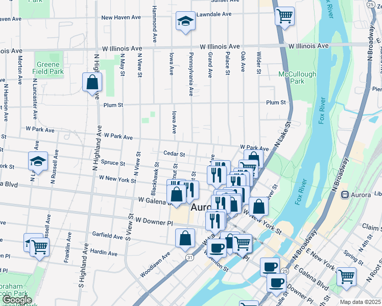 map of restaurants, bars, coffee shops, grocery stores, and more near 361 Cedar Street in Aurora