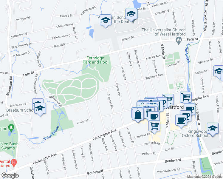 map of restaurants, bars, coffee shops, grocery stores, and more near 173 Whitman Avenue in West Hartford