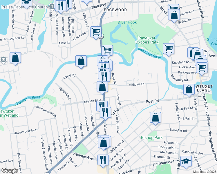 map of restaurants, bars, coffee shops, grocery stores, and more near 422 Warwick Avenue in Warwick