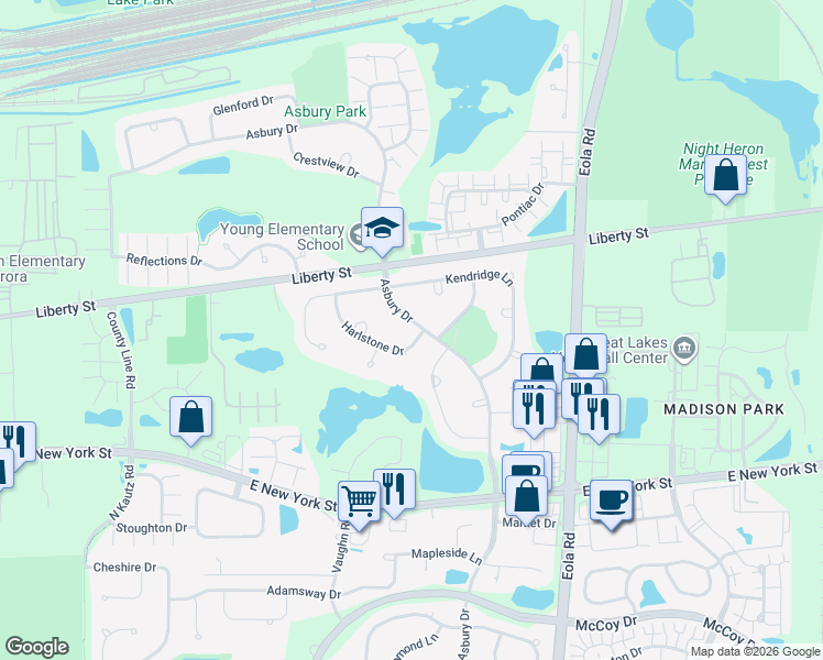 map of restaurants, bars, coffee shops, grocery stores, and more near 2700 Harlstone Drive in Aurora