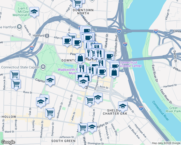 map of restaurants, bars, coffee shops, grocery stores, and more near 1 Gold Street in Hartford