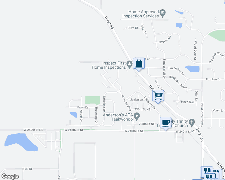 map of restaurants, bars, coffee shops, grocery stores, and more near 1565 Deerfield Drive in North Liberty
