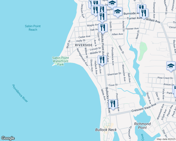 map of restaurants, bars, coffee shops, grocery stores, and more near 176 Narragansett Avenue in East Providence
