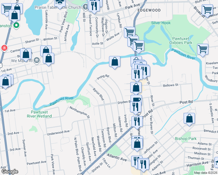 map of restaurants, bars, coffee shops, grocery stores, and more near 80 Holmes Road in Warwick