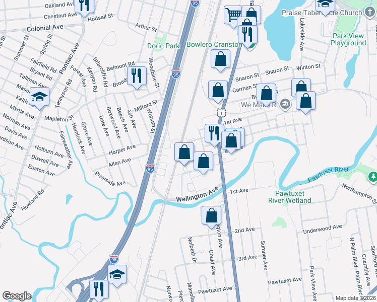 map of restaurants, bars, coffee shops, grocery stores, and more near 1 Gardner Avenue in Cranston