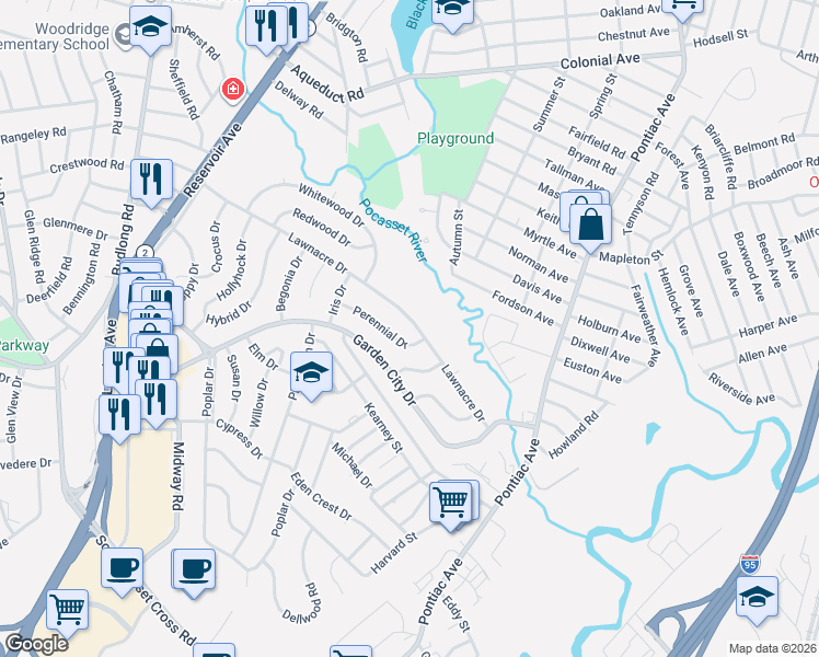 map of restaurants, bars, coffee shops, grocery stores, and more near 209 Lawnacre Drive in Cranston