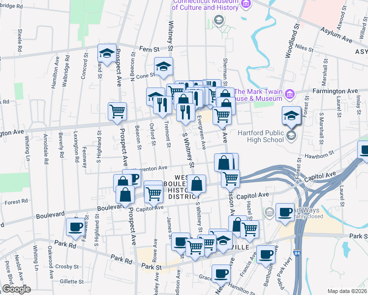 map of restaurants, bars, coffee shops, grocery stores, and more near 229 South Whitney Street in Hartford