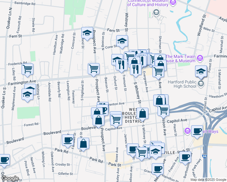 map of restaurants, bars, coffee shops, grocery stores, and more near 196 Beacon Street in Hartford