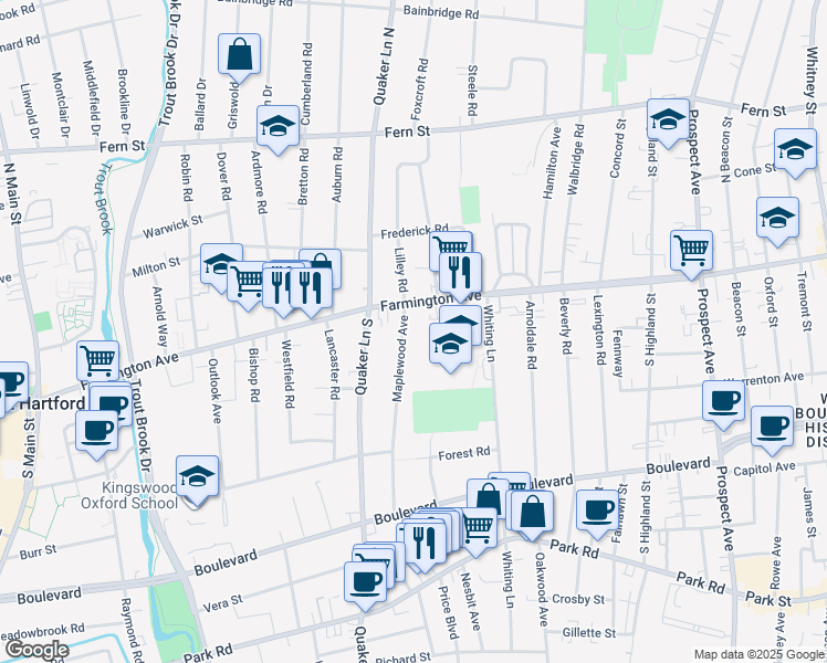 map of restaurants, bars, coffee shops, grocery stores, and more near 787 Farmington Avenue in West Hartford