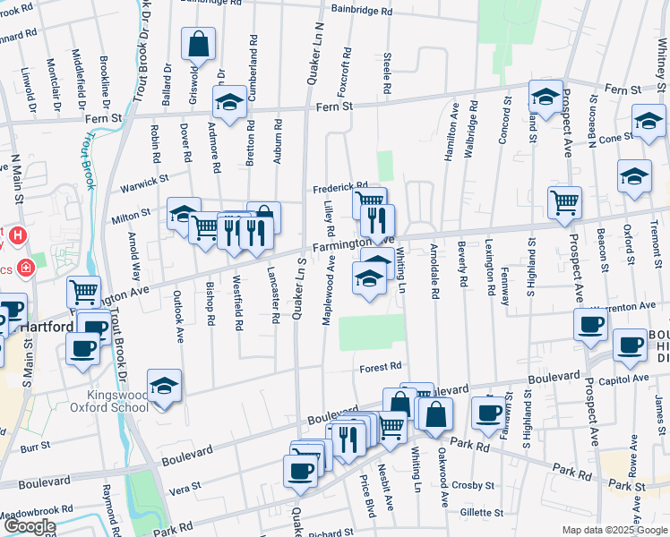 map of restaurants, bars, coffee shops, grocery stores, and more near 787 Farmington Avenue in West Hartford