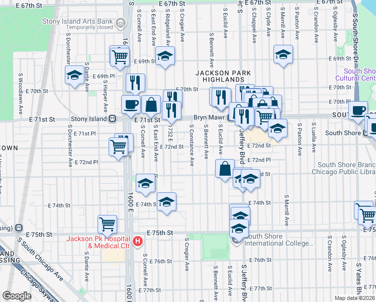 map of restaurants, bars, coffee shops, grocery stores, and more near 7151 South Constance Avenue in Chicago