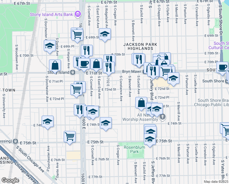map of restaurants, bars, coffee shops, grocery stores, and more near 1734 East 72nd Street in Chicago