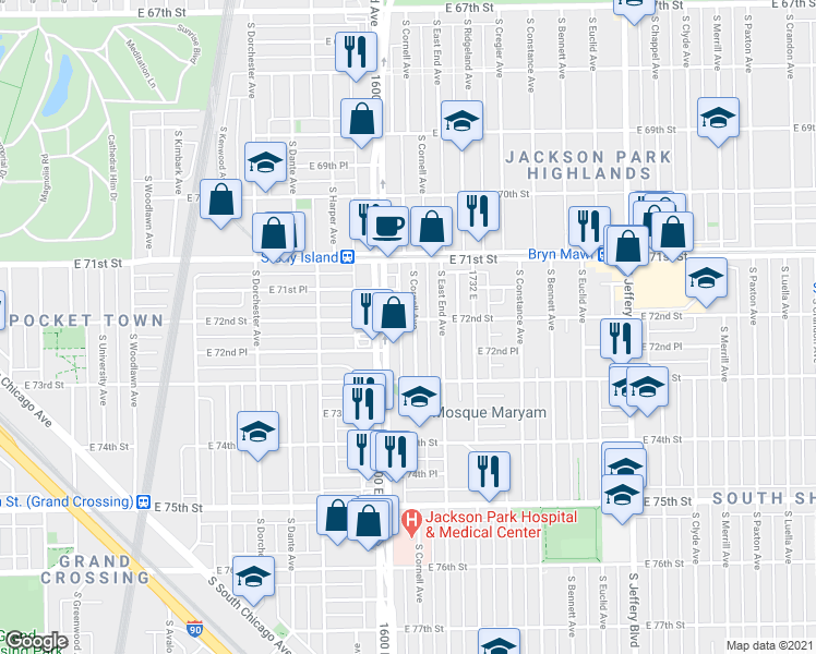 map of restaurants, bars, coffee shops, grocery stores, and more near 7152 South Cornell Avenue in Chicago