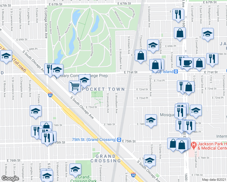 map of restaurants, bars, coffee shops, grocery stores, and more near 7147 South Woodlawn Avenue in Chicago