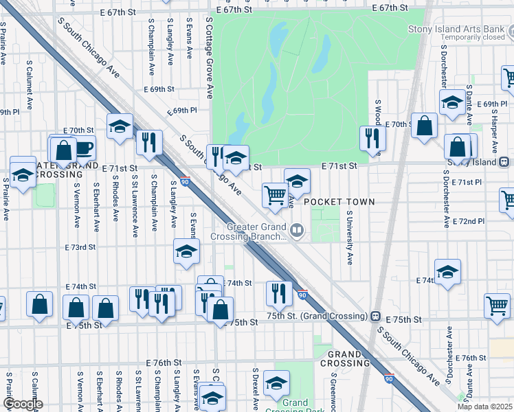 map of restaurants, bars, coffee shops, grocery stores, and more near 7227 South South Chicago Avenue in Chicago