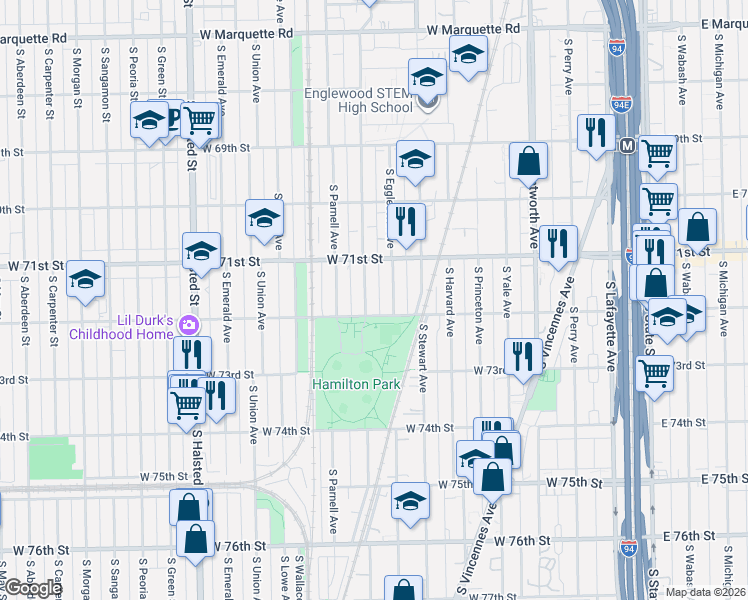 map of restaurants, bars, coffee shops, grocery stores, and more near 7128 South Eggleston Avenue in Chicago