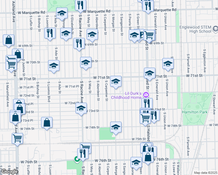 map of restaurants, bars, coffee shops, grocery stores, and more near 7116 South Morgan Street in Chicago